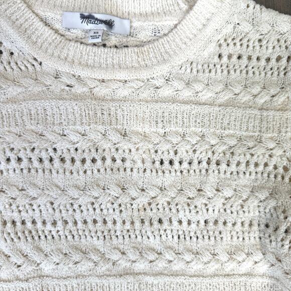 Madewell Scalloped-Trim Sweater Tee SZ XS Sand Crewneck Crop Open Knit Pullover - Picture 6 of 9